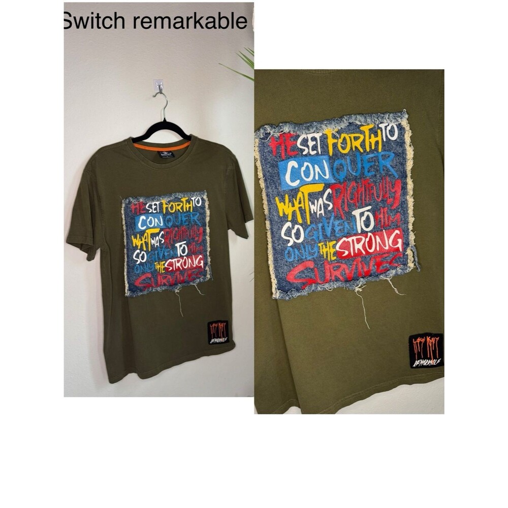 Low Key Apparel Olive Green Graphic Patchwork T-Shirt Men’s Size L Streetwear